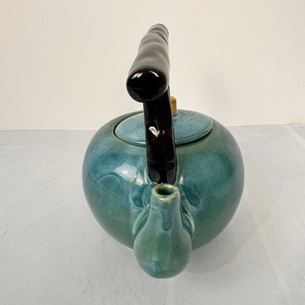 Ceramic Teapot Teal Branch Handle Mid Century Modern Rustic Decor